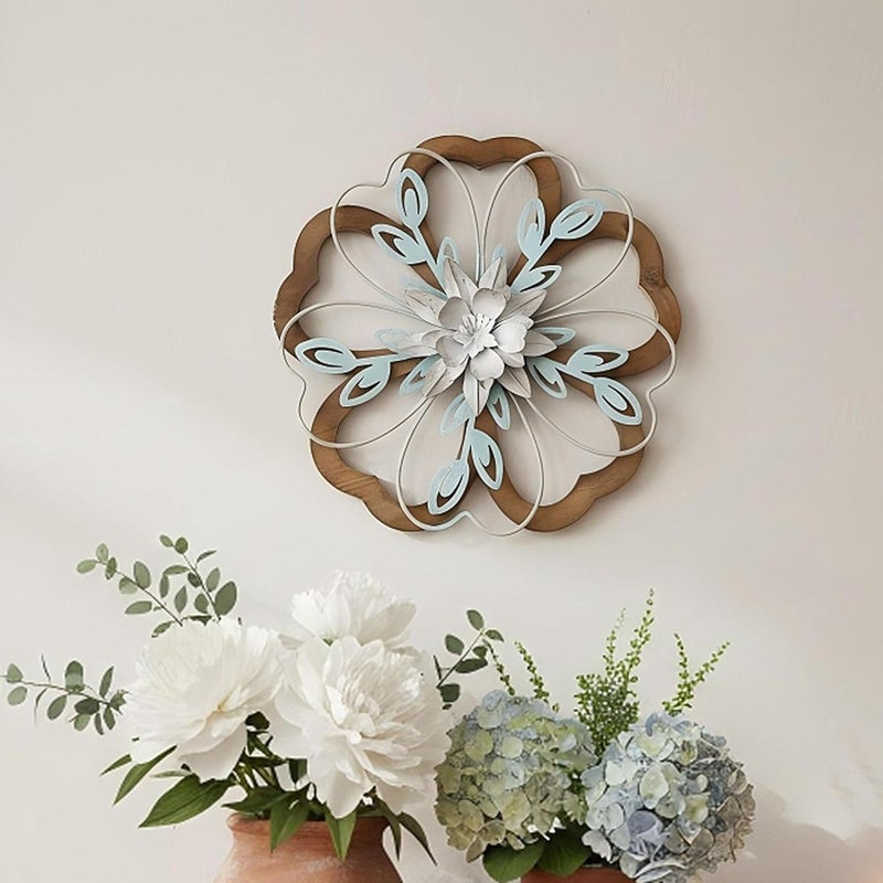 Remenna Metal Flowers Wall Decor, Rustic Floral Art, White & Blue, Farmhouse Hanging Decoration for Living Room, Bathroom, Garden - Image 5